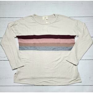 Anthropologie Ella Mara Hacci Striped Crewneck Sweater Creme Cream Maroon Medium